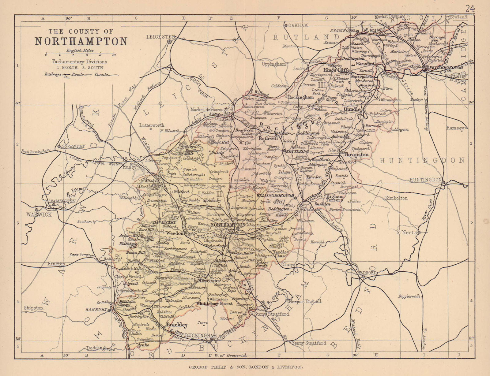 NORTHAMPTONSHIRE. County map. Railways canals. Constituencies. PHILIP 1885